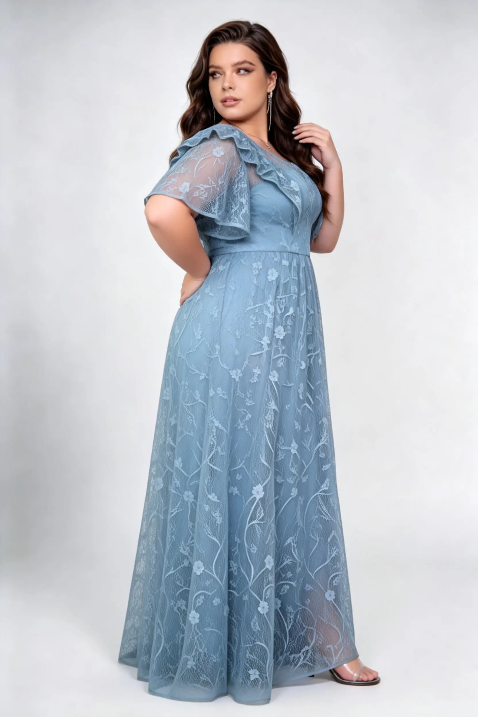 Plus Size Round Neck Ruffle Short Sleeve Floral Lace High Waist A-line Floor Length Bridesmaid Maxi Dress
