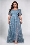 Plus Size Round Neck Ruffle Short Sleeve Floral Lace High Waist A-line Floor Length Bridesmaid Maxi Dress