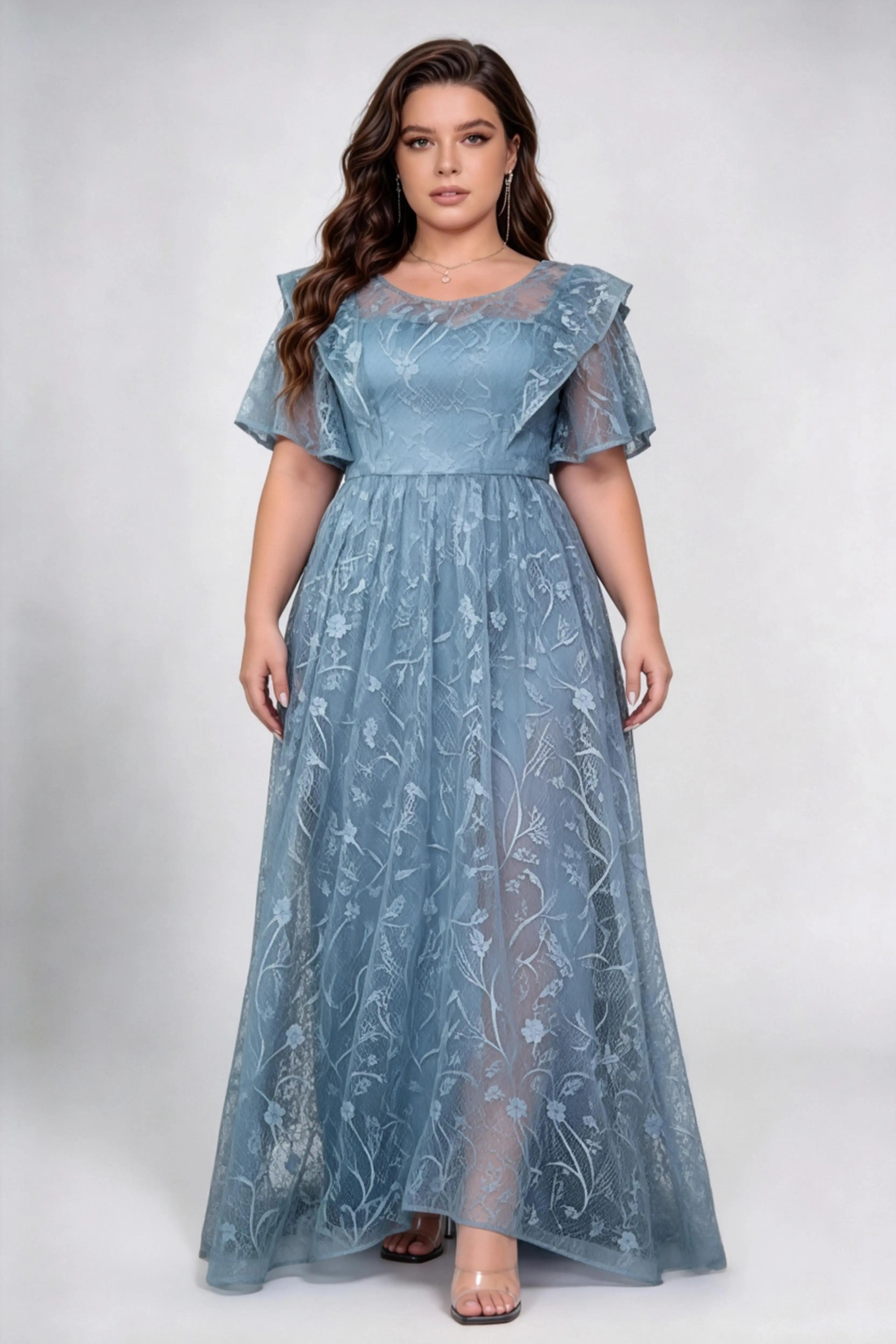 Plus Size Round Neck Ruffle Short Sleeve Floral Lace High Waist A-line Floor Length Bridesmaid Maxi Dress