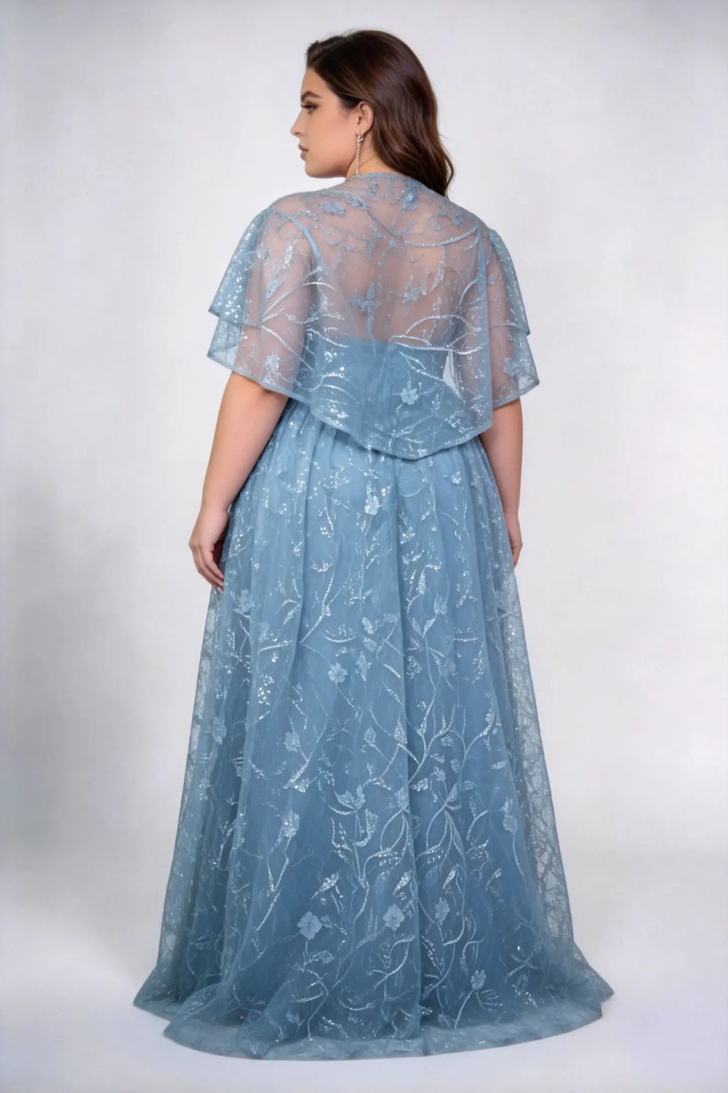 Plus Size Front & Back Deep V Neck Double Layer Ruffle Flutter Sleeve Floral Sequin Tulle High Waist A-line Floor Bridesmaid Maxi Dress