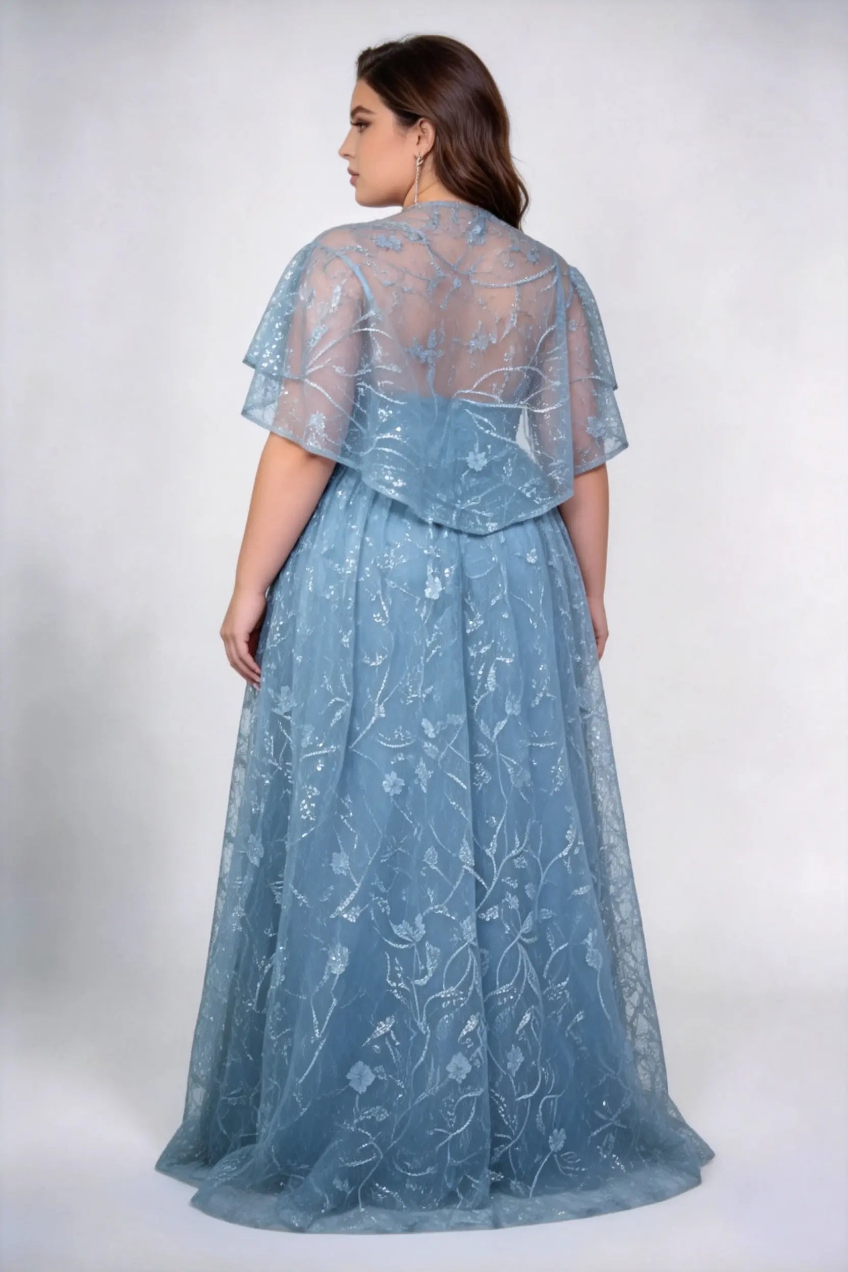 Plus Size Front & Back Deep V Neck Double Layer Ruffle Flutter Sleeve Floral Sequin Tulle High Waist A-line Floor Bridesmaid Maxi Dress