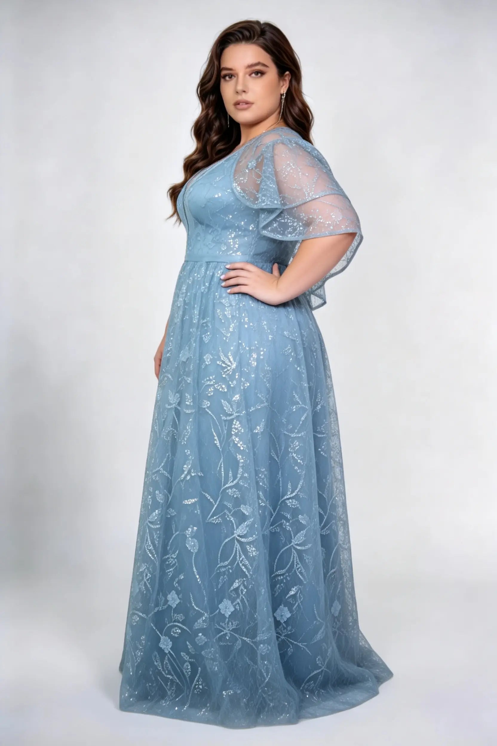Plus Size Front & Back Deep V Neck Double Layer Ruffle Flutter Sleeve Floral Sequin Tulle High Waist A-line Floor Bridesmaid Maxi Dress