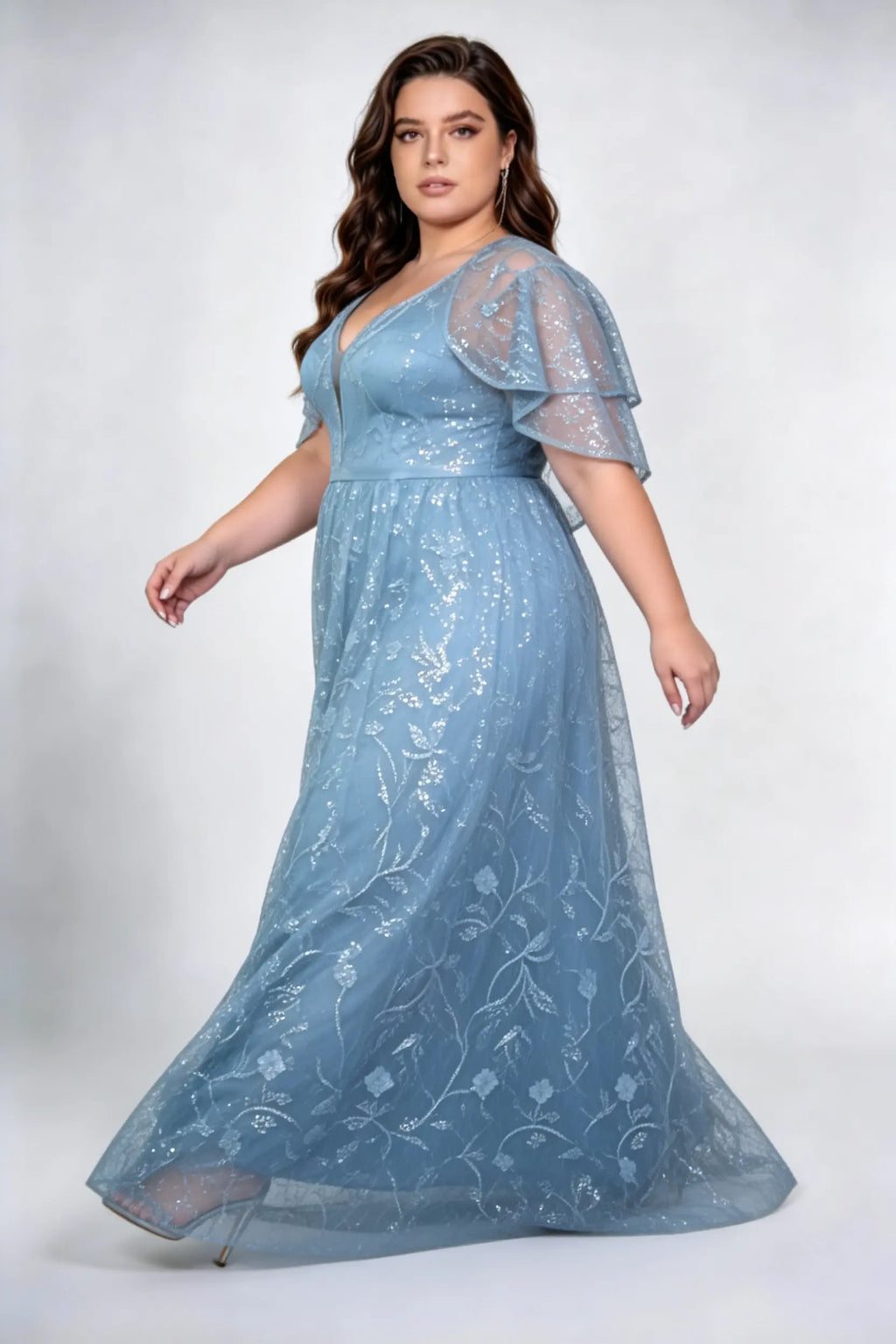 Plus Size Front & Back Deep V Neck Double Layer Ruffle Flutter Sleeve Floral Sequin Tulle High Waist A-line Floor Bridesmaid Maxi Dress