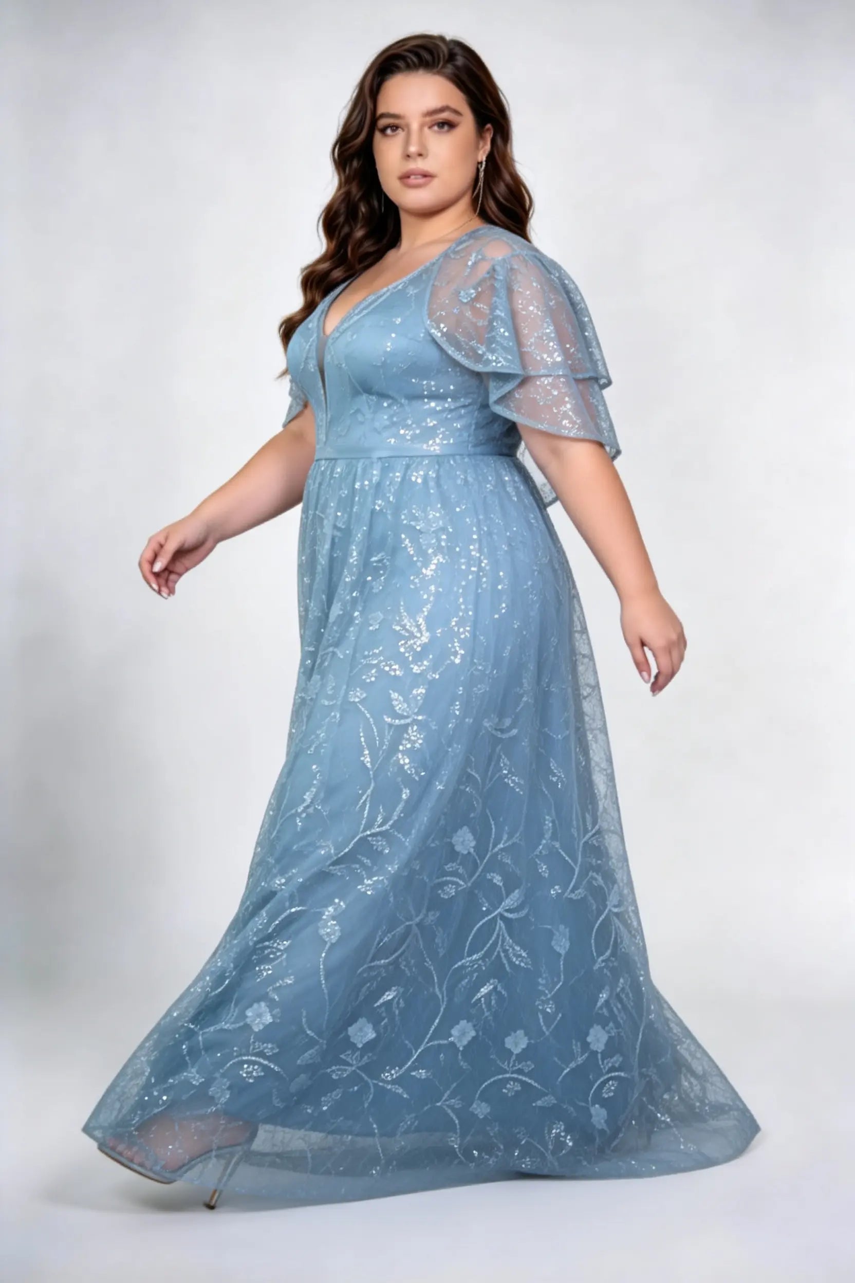 Plus Size Front & Back Deep V Neck Double Layer Ruffle Flutter Sleeve Floral Sequin Tulle High Waist A-line Floor Bridesmaid Maxi Dress