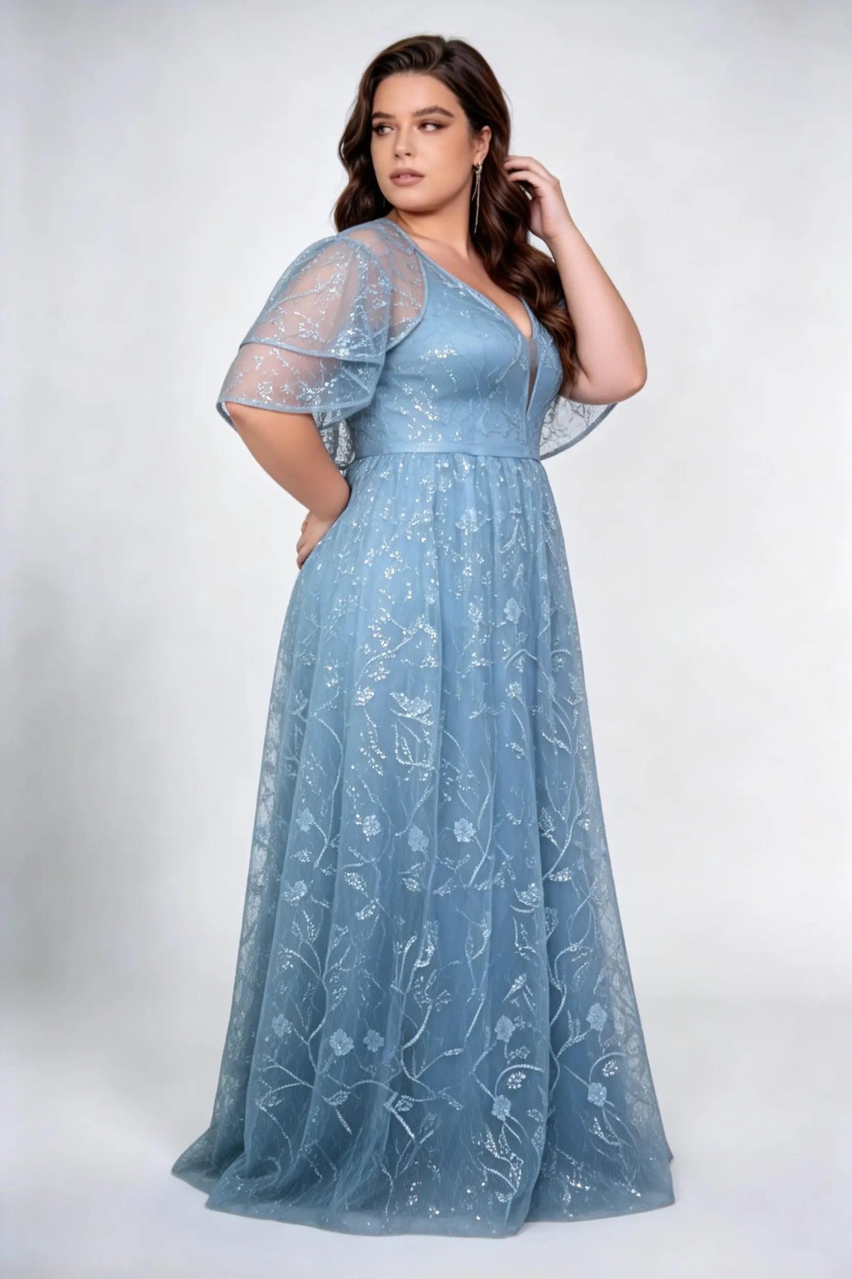 Plus Size Front & Back Deep V Neck Double Layer Ruffle Flutter Sleeve Floral Sequin Tulle High Waist A-line Floor Bridesmaid Maxi Dress