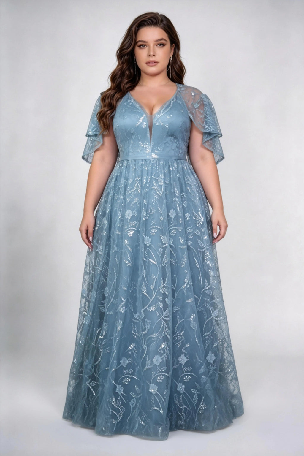 Plus Size Front & Back Deep V Neck Double Layer Ruffle Flutter Sleeve Floral Sequin Tulle High Waist A-line Floor Bridesmaid Maxi Dress