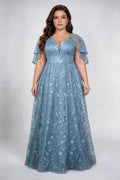 Plus Size Front & Back Deep V Neck Double Layer Ruffle Flutter Sleeve Floral Sequin Tulle High Waist A-line Floor Bridesmaid Maxi Dress
