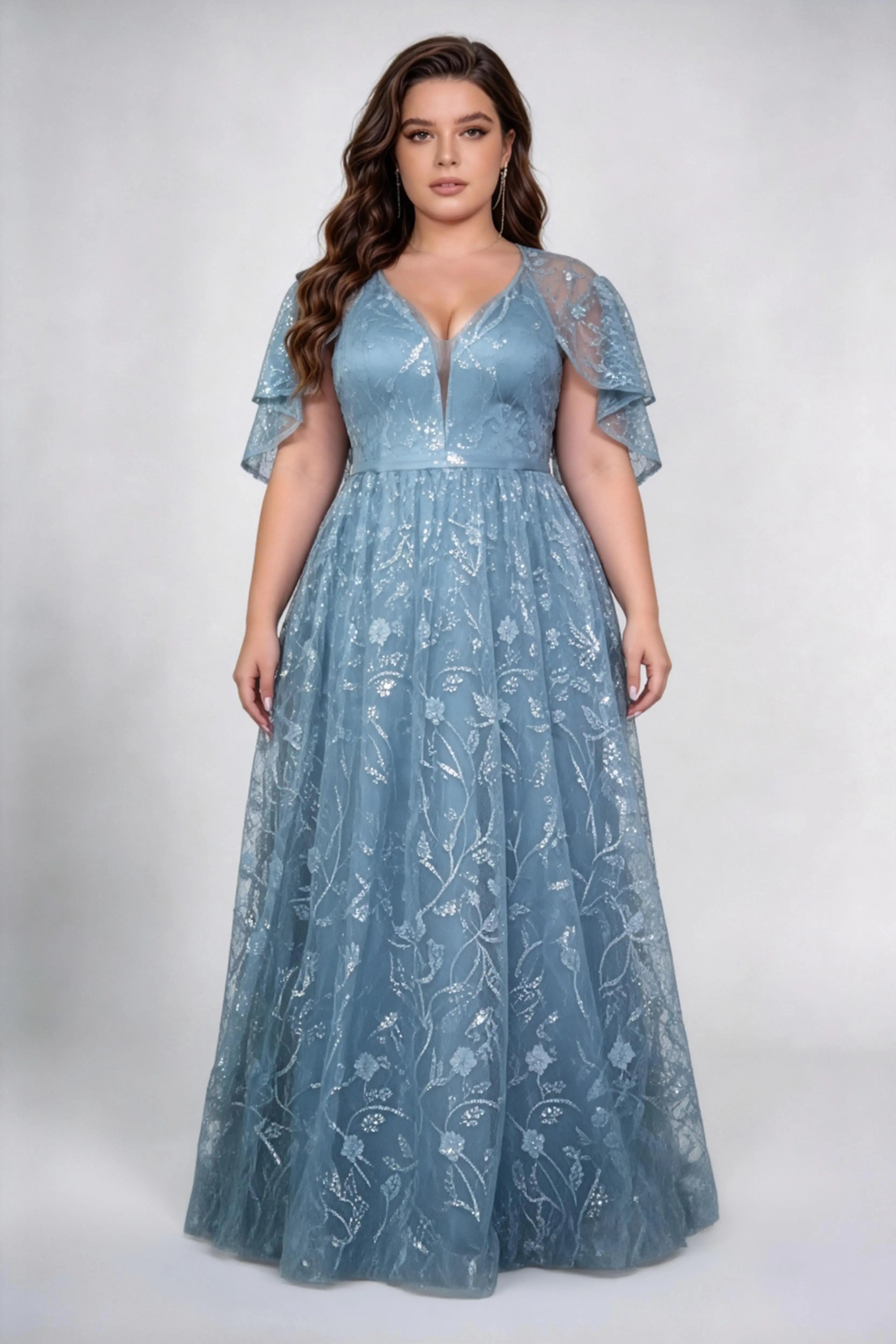 Plus Size Front & Back Deep V Neck Double Layer Ruffle Flutter Sleeve Floral Sequin Tulle High Waist A-line Floor Bridesmaid Maxi Dress