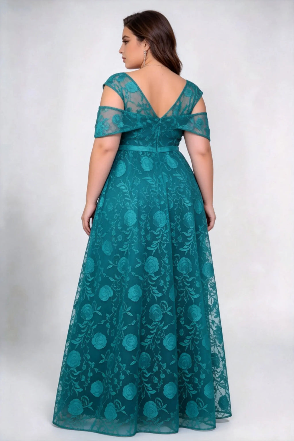 Plus Size Sweetheart Off Shoulder Short Sleeve 3D Rose Lace High Waist A-line Floor Length Bridesmaid Maxi Dress