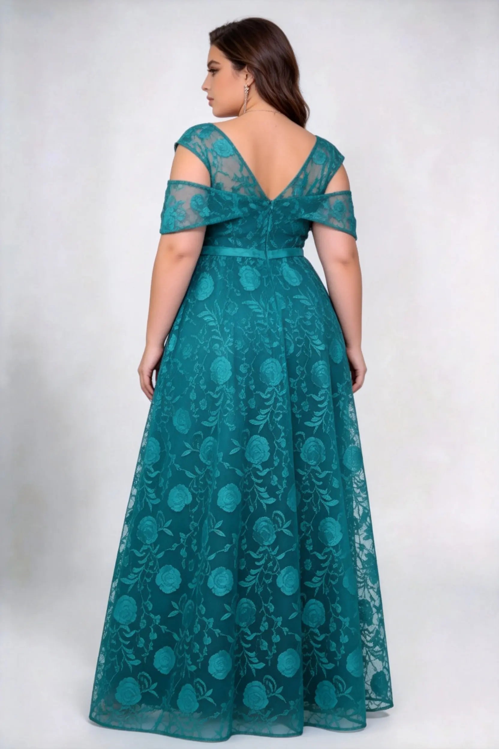Plus Size Sweetheart Off Shoulder Short Sleeve 3D Rose Lace High Waist A-line Floor Length Bridesmaid Maxi Dress