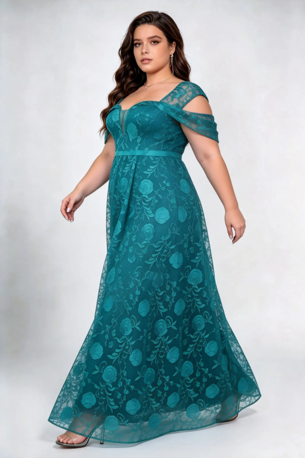 Plus Size Sweetheart Off Shoulder Short Sleeve 3D Rose Lace High Waist A-line Floor Length Bridesmaid Maxi Dress