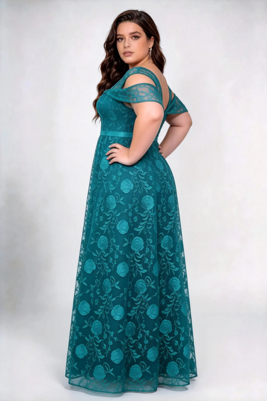 Plus Size Sweetheart Off Shoulder Short Sleeve 3D Rose Lace High Waist A-line Floor Length Bridesmaid Maxi Dress