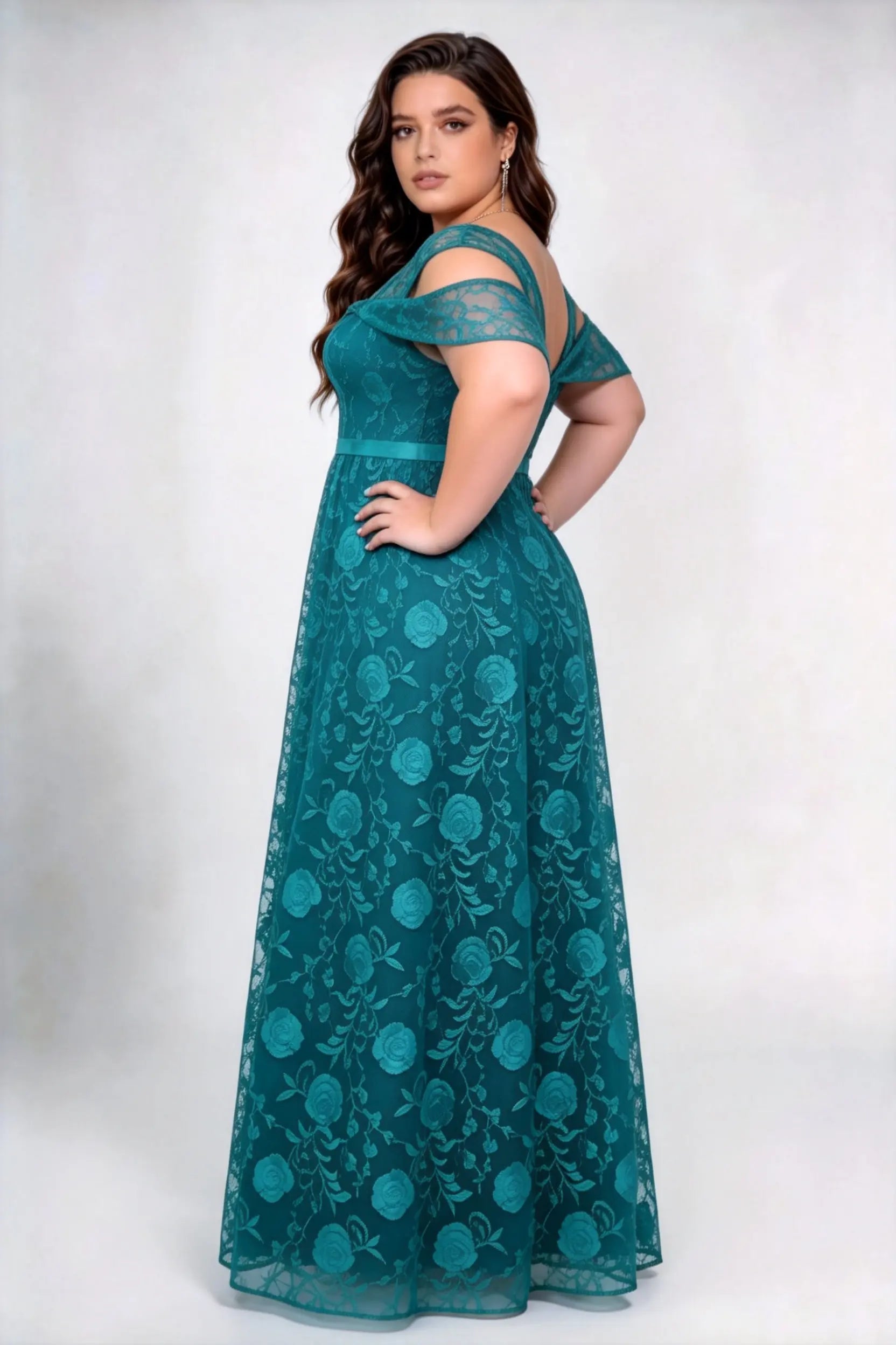 Plus Size Sweetheart Off Shoulder Short Sleeve 3D Rose Lace High Waist A-line Floor Length Bridesmaid Maxi Dress