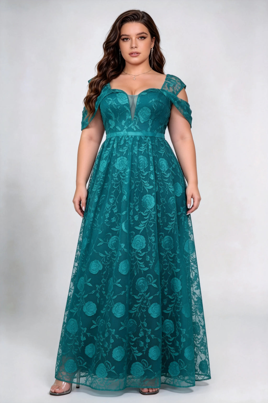 Plus Size Sweetheart Off Shoulder Short Sleeve 3D Rose Lace High Waist A-line Floor Length Bridesmaid Maxi Dress