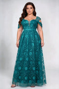 Plus Size Sweetheart Off Shoulder Short Sleeve 3D Rose Lace High Waist A-line Floor Length Bridesmaid Maxi Dress