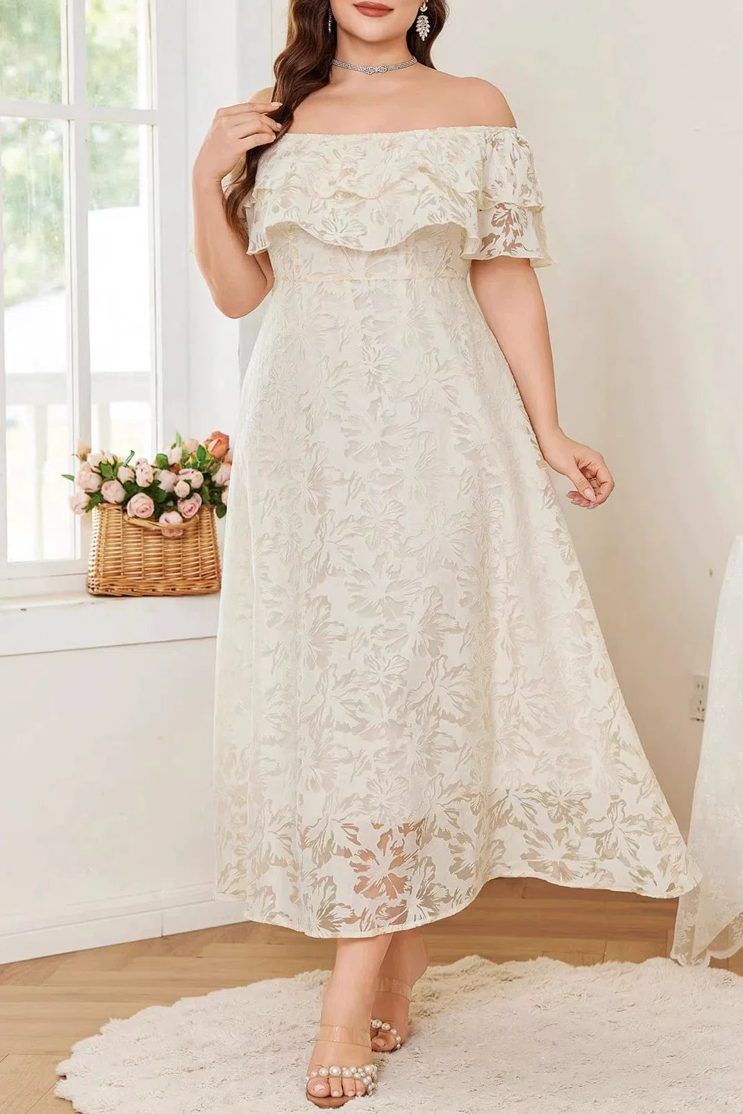 Plus Size Off-the-Shoulder Ruffle Neck Floral Burnout Lace High Waist A-line Midi Dress