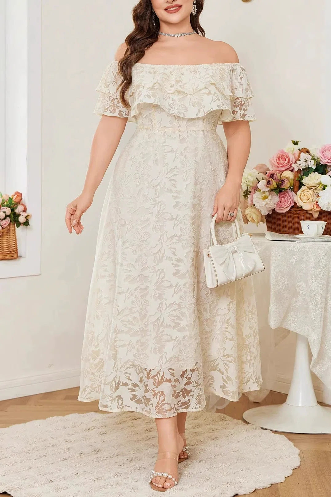 Plus Size Off-the-Shoulder Ruffle Neck Floral Burnout Lace High Waist A-line Midi Dress