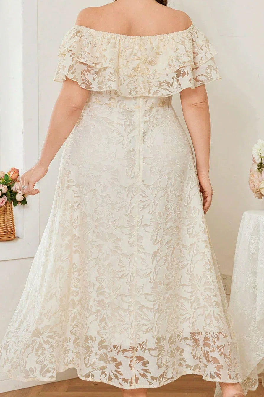 Plus Size Off-the-Shoulder Ruffle Neck Floral Burnout Lace High Waist A-line Midi Dress