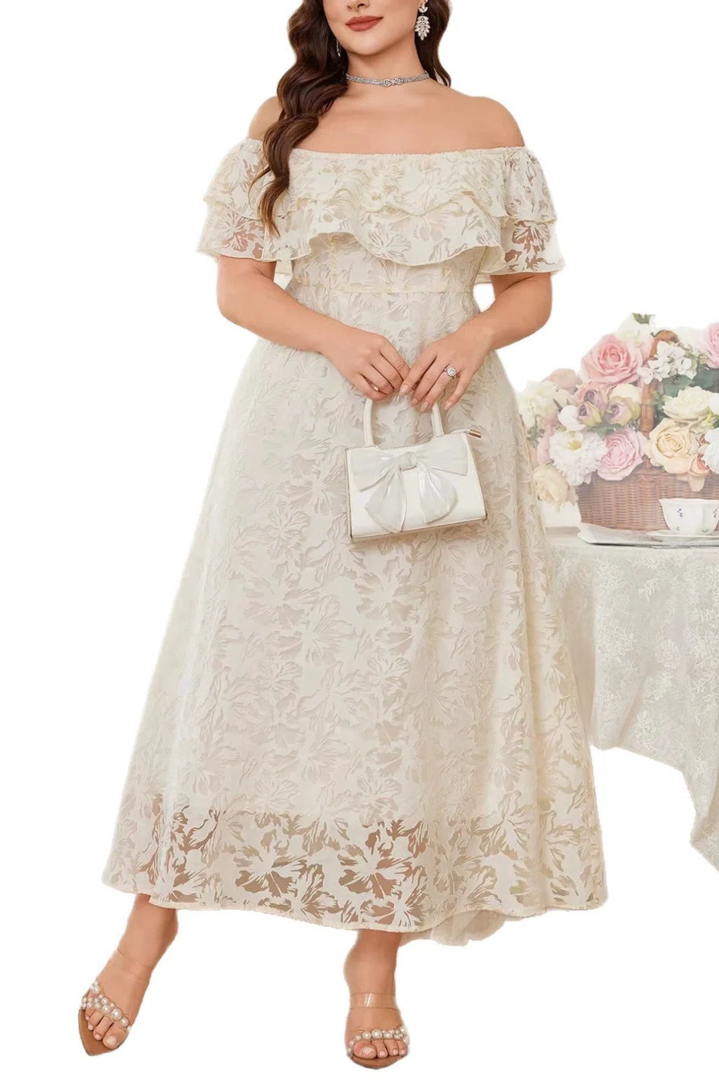 Plus Size Off-the-Shoulder Ruffle Neck Floral Burnout Lace High Waist A-line Midi Dress