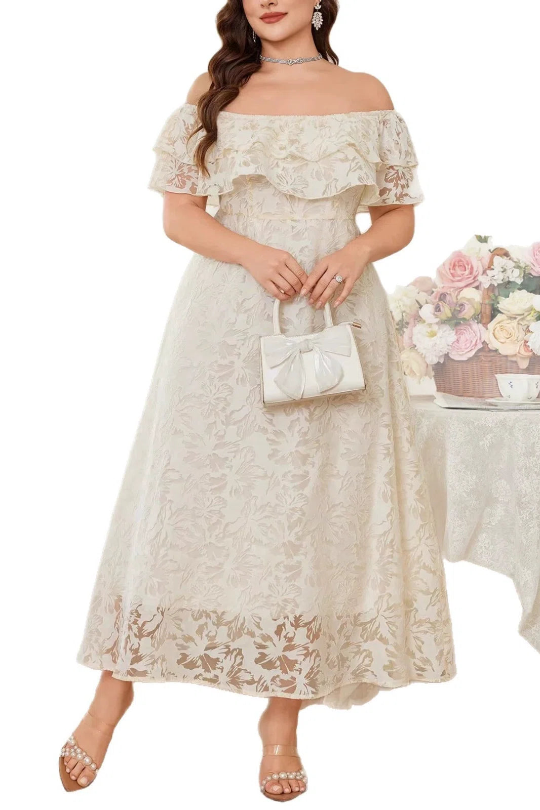 Plus Size Off-the-Shoulder Ruffle Neck Floral Burnout Lace High Waist A-line Midi Dress