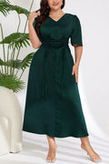 Plus Size V-Neck Drawstring Waist Satin A-Line Midi Casual Formal Dress