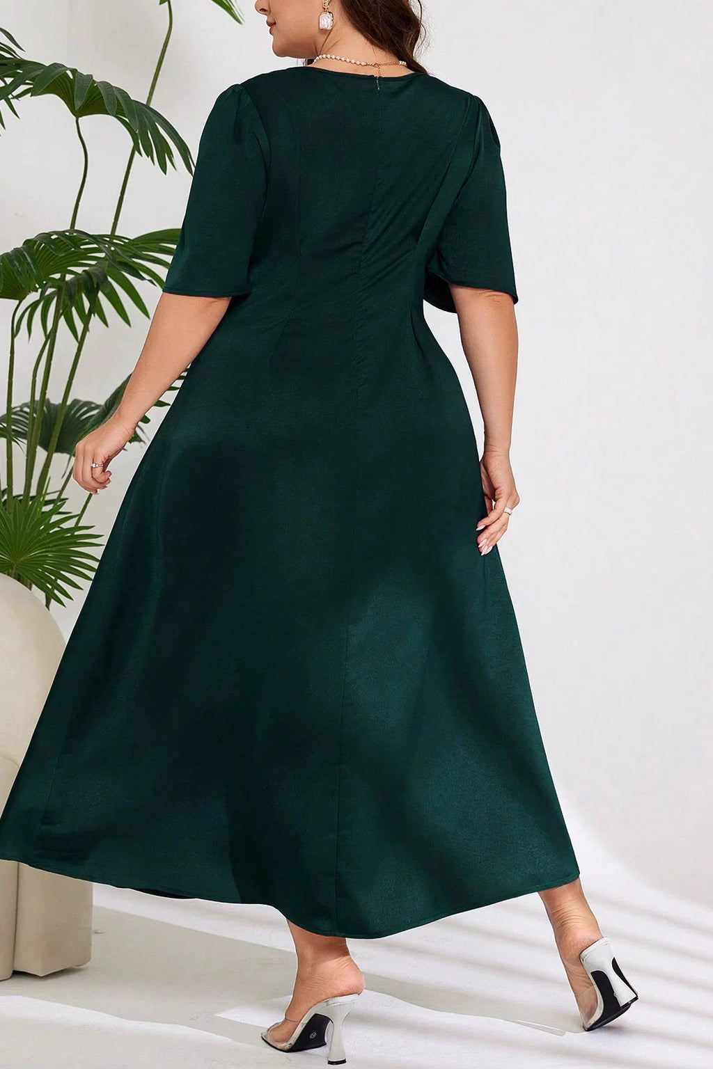 Plus Size V-Neck Drawstring Waist Satin A-Line Midi Casual Formal Dress