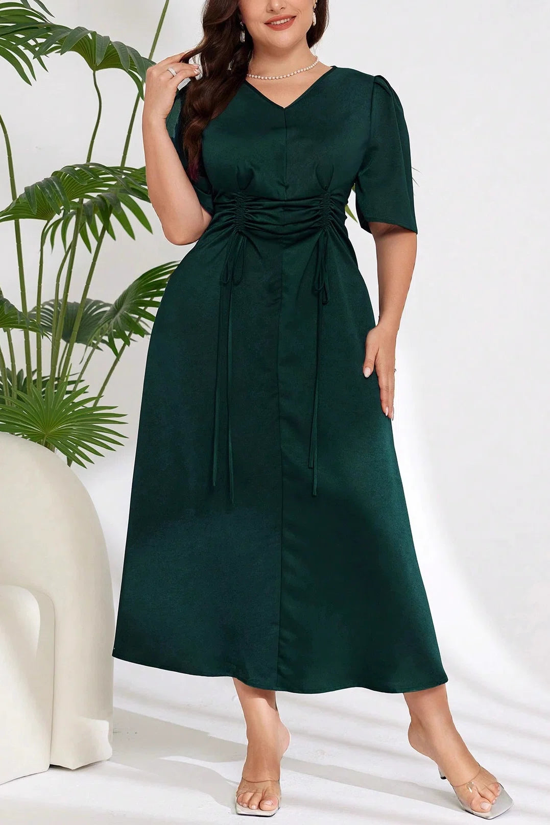 Plus Size V-Neck Drawstring Waist Satin A-Line Midi Casual Formal Dress