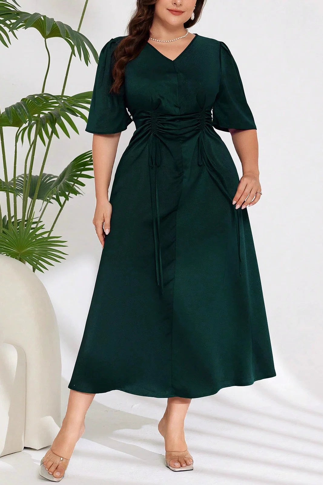 Plus Size V-Neck Drawstring Waist Satin A-Line Midi Casual Formal Dress