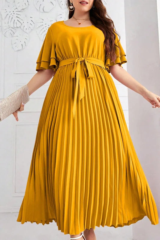 Plus Size Round Neck Double Layer Ruffle Sleeve Tie Waist Pleated A-Line Midi Dress