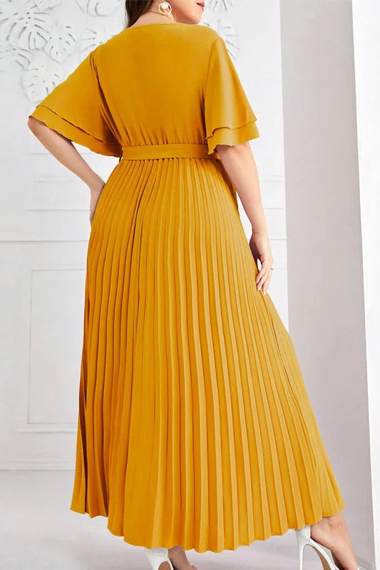 Plus Size Round Neck Double Layer Ruffle Sleeve Tie Waist Pleated A-Line Midi Dress