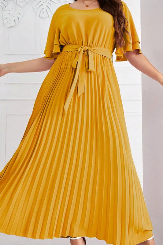 Plus Size Round Neck Double Layer Ruffle Sleeve Tie Waist Pleated A-Line Midi Dress