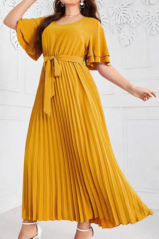Plus Size Round Neck Double Layer Ruffle Sleeve Tie Waist Pleated A-Line Midi Dress