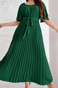 Curvy model wearing plus size green round neck double layer ruffle sleeve tie waist pleated a-line midi dress