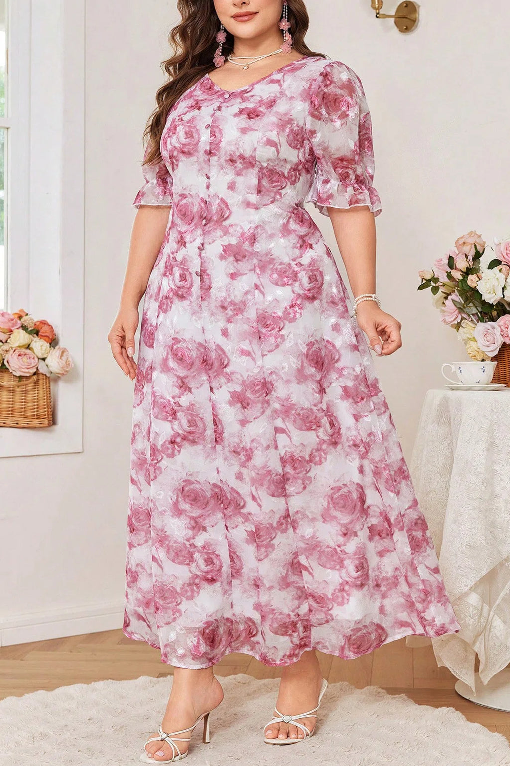 Plus Size V-Neck Rose Print Puff Sleeve Jacquard Chiffon A-Line Midi Dress
