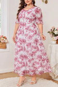 Plus Size V-Neck Rose Print Puff Sleeve Jacquard Chiffon A-Line Midi Dress