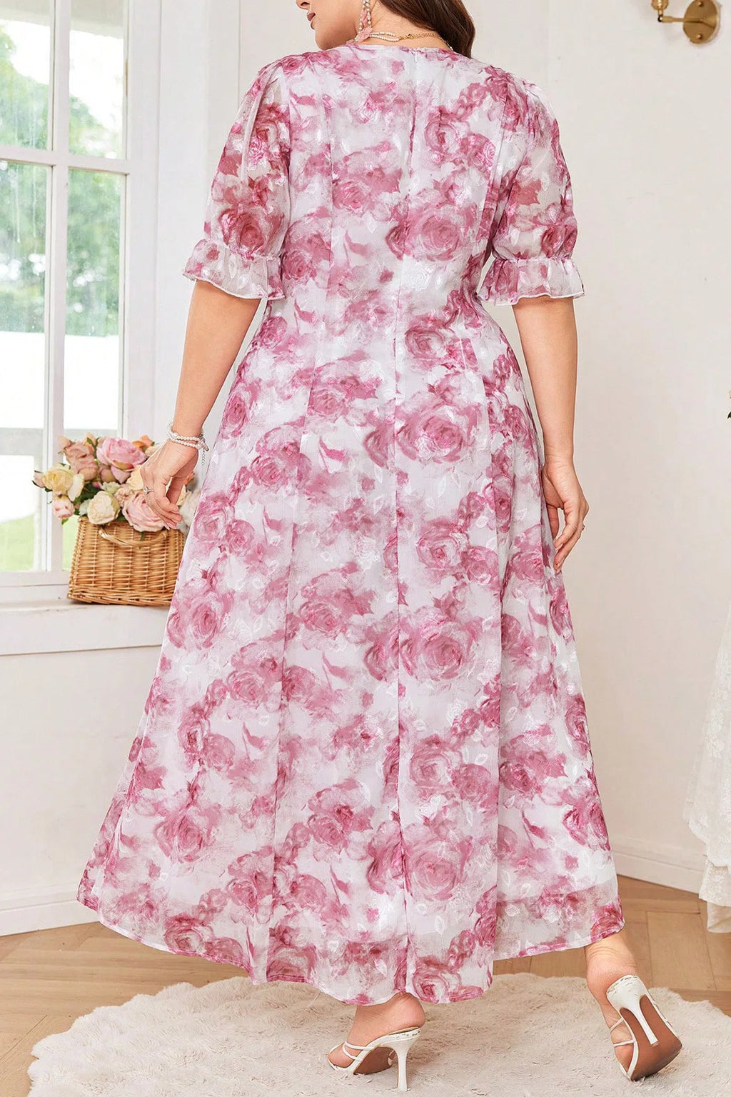 Plus Size V-Neck Rose Print Puff Sleeve Jacquard Chiffon A-Line Midi Dress