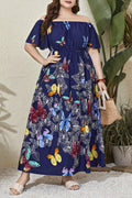 Plus Size Off-the-Shoulder Butterfly Print Elastic Waist A-Line Maxi Dress
