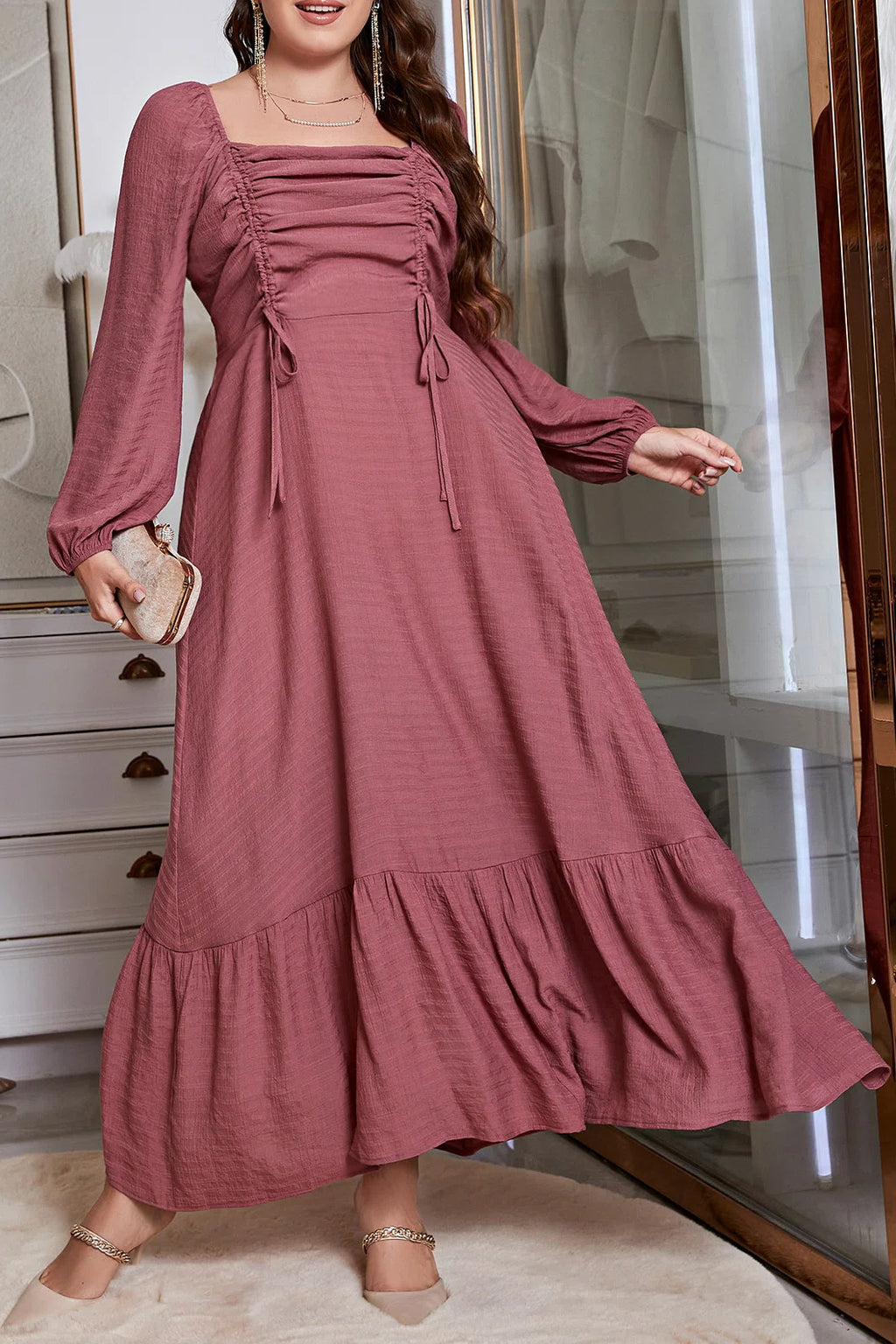 Plus Size Square Neck Drawstring Waist Ruffle Hem A-Line Maxi Dress