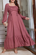 Plus Size Square Neck Drawstring Waist Ruffle Hem A-Line Maxi Dress