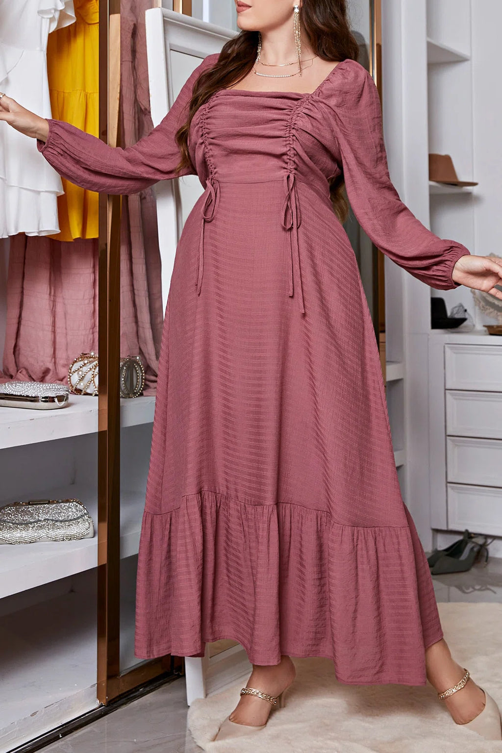 Plus Size Square Neck Drawstring Waist Ruffle Hem A-Line Maxi Dress