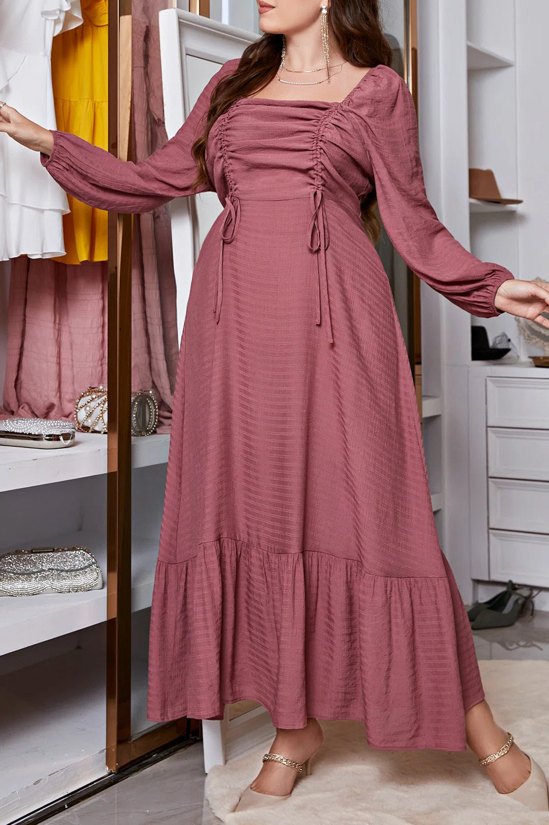 Plus Size Square Neck Drawstring Waist Ruffle Hem A-Line Maxi Dress