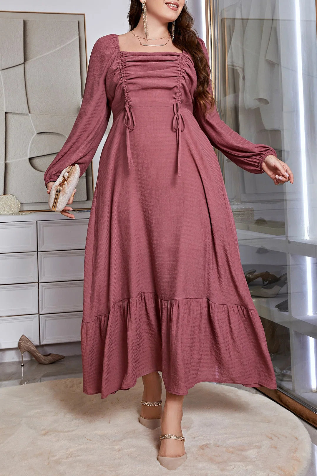 Plus Size Square Neck Drawstring Waist Ruffle Hem A-Line Maxi Dress