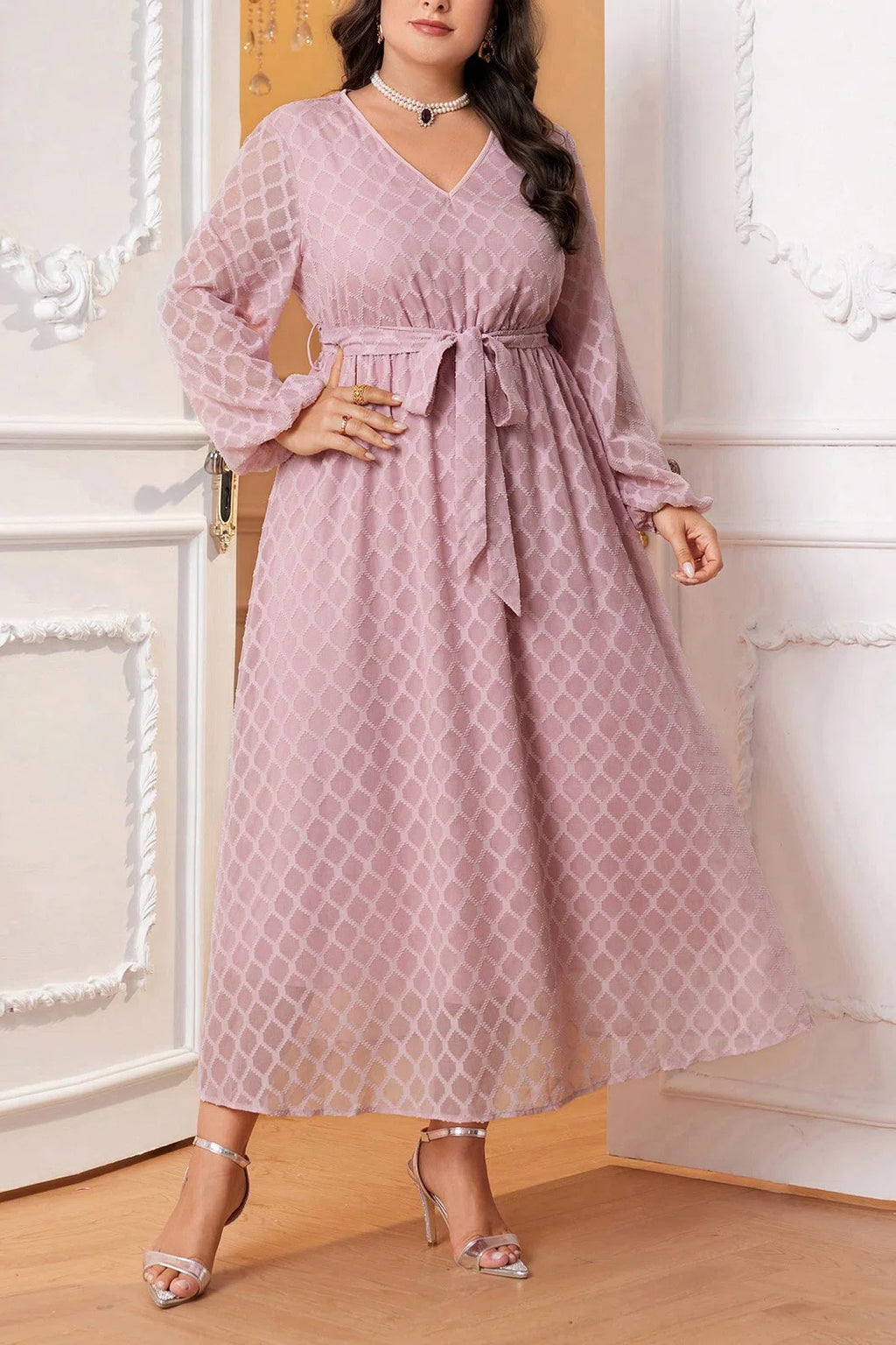 Plus Size V-Neck Lattice Jacquard Tie Waist A-Line Maxi Dress