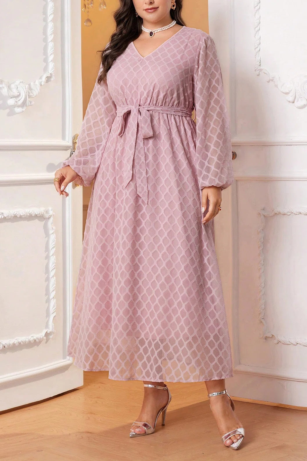 Plus Size V-Neck Lattice Jacquard Tie Waist A-Line Maxi Dress