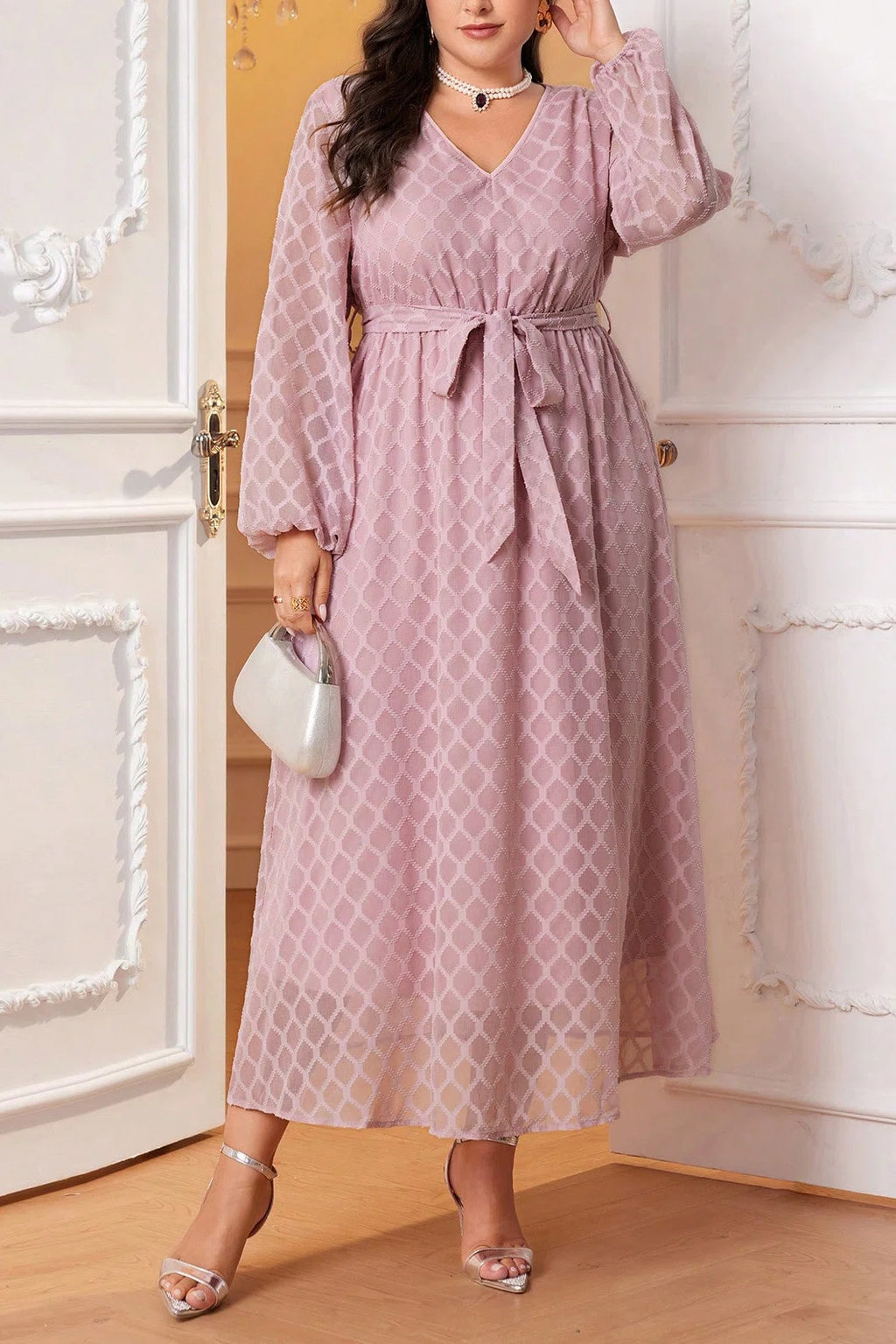 Plus Size V-Neck Lattice Jacquard Tie Waist A-Line Maxi Dress