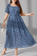 Plus Size Square Neck Jacquard Drawstring Waist Ruffle Hem A-Line Maxi Dress