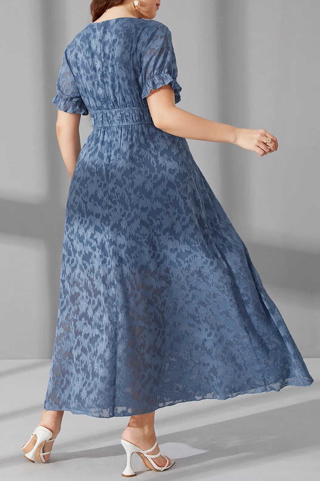 Plus Size Square Neck Jacquard Drawstring Waist Ruffle Hem A-Line Maxi Dress