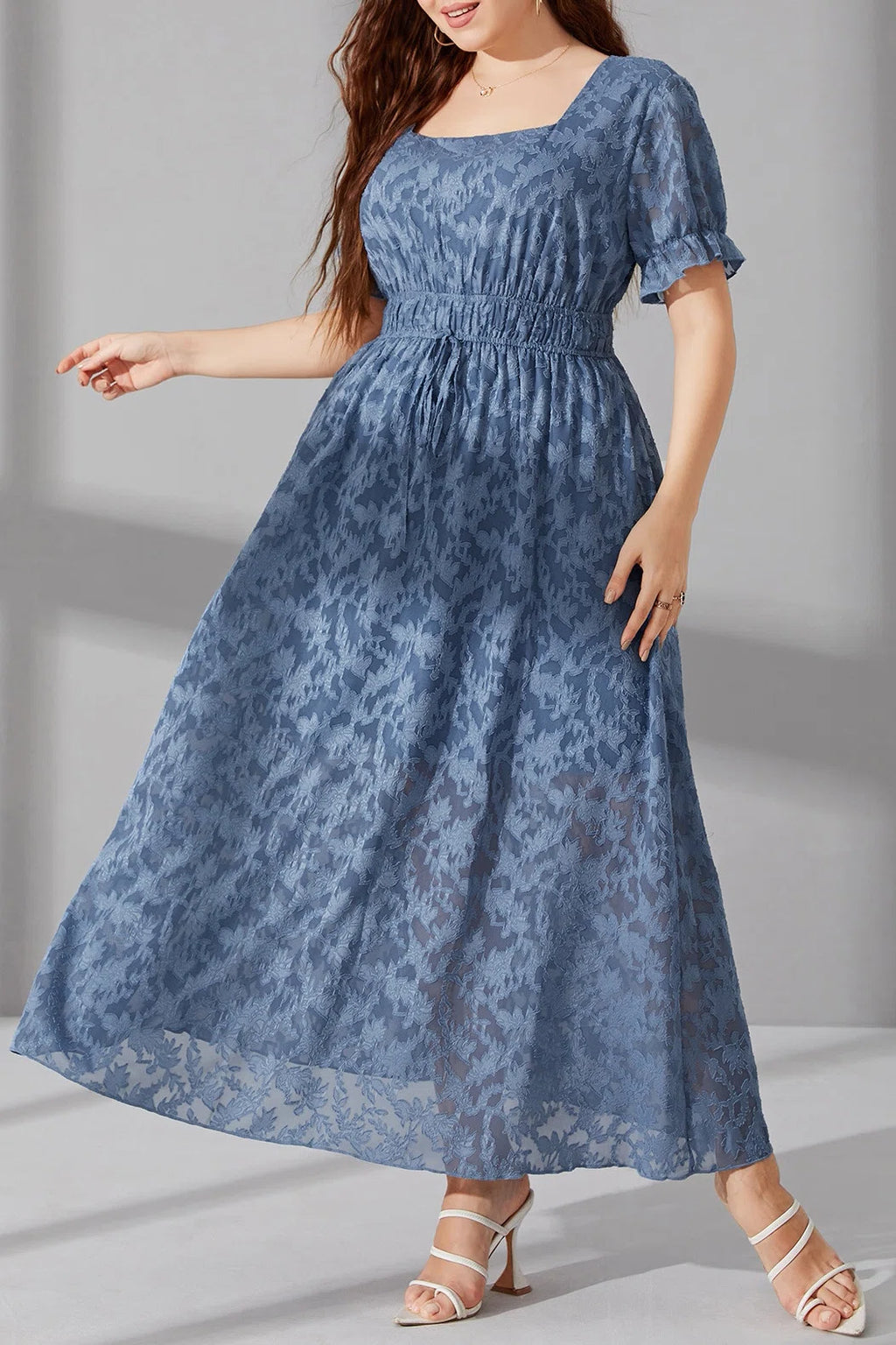 Plus Size Square Neck Jacquard Drawstring Waist Ruffle Hem A-Line Maxi Dress