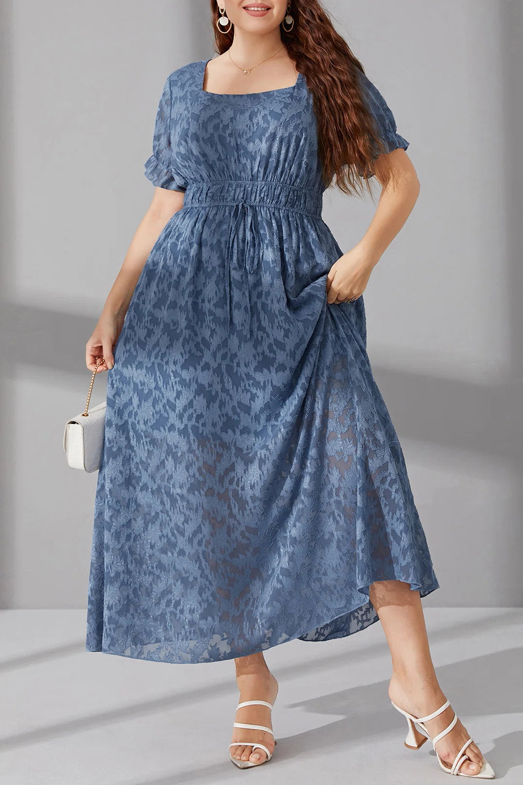 Plus Size Square Neck Jacquard Drawstring Waist Ruffle Hem A-Line Maxi Dress