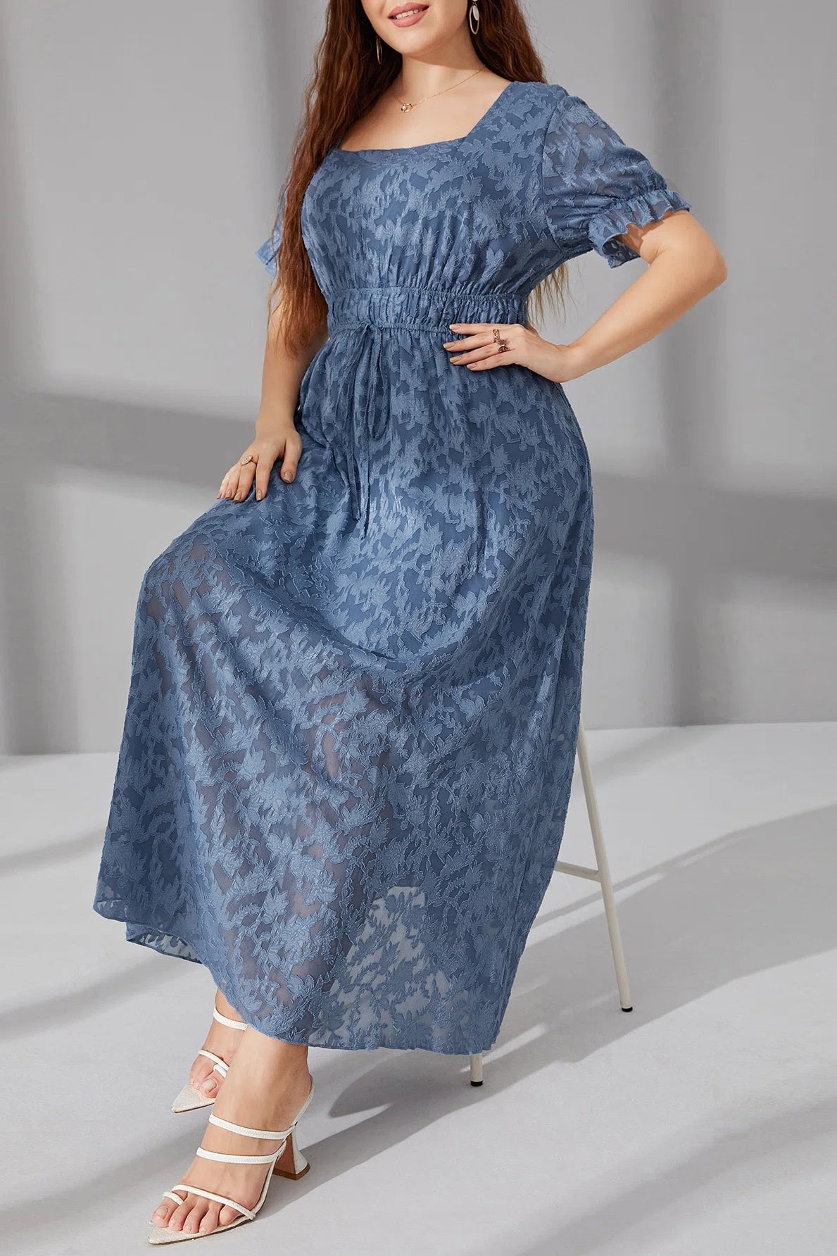 Plus Size Square Neck Jacquard Drawstring Waist Ruffle Hem A-Line Maxi Dress